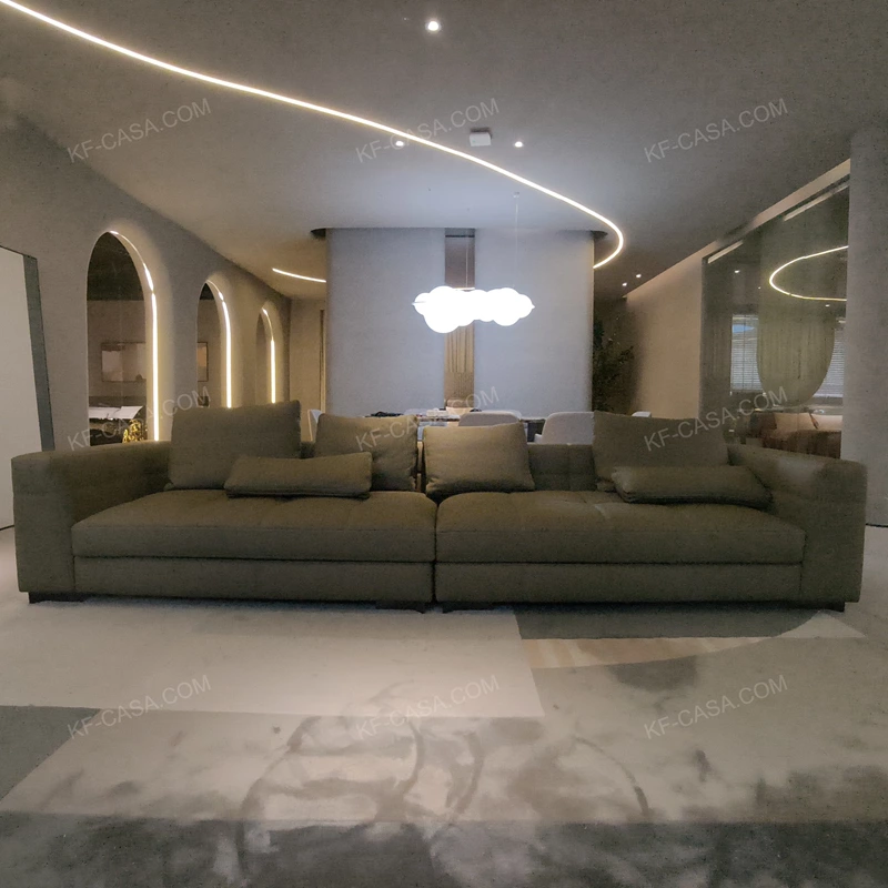 Structured Grid-Stitched Modular Top-Grain Leather Sofa with Deep Lounge Seating